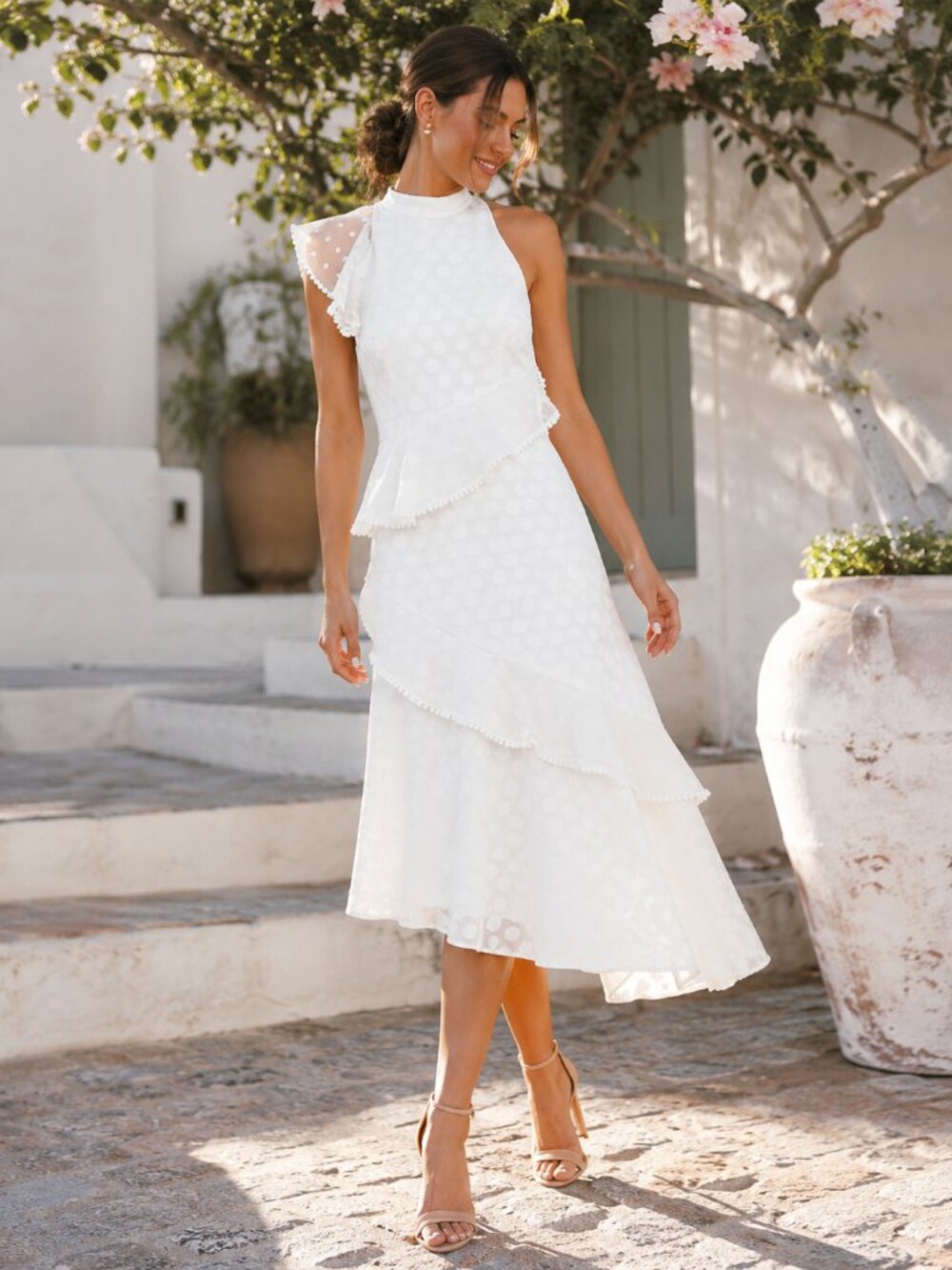 Keepsake the Label See You Now Ivory Polka Dot Ruffle Asymmetrical Midi Dress
